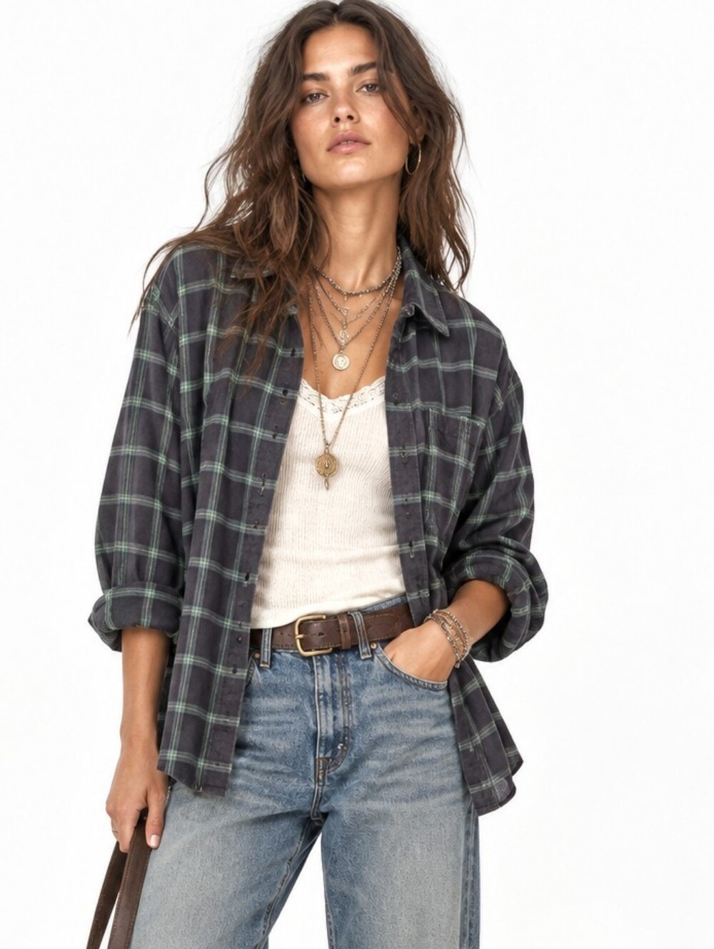 Loft Black Green Windowpane Button Down Shirt Flannel Style Long Sleeve